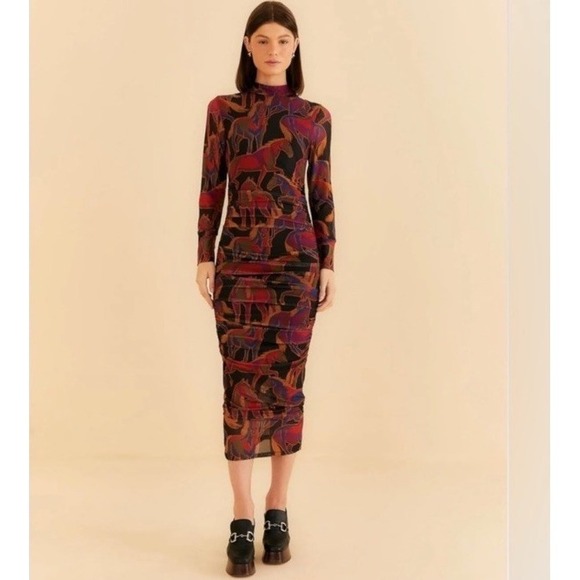 FARM Rio Dresses & Skirts - Farm Rio Wild Horses Tulle Midi Dress Ruched Equestrian Blck Design XXS Fits XS